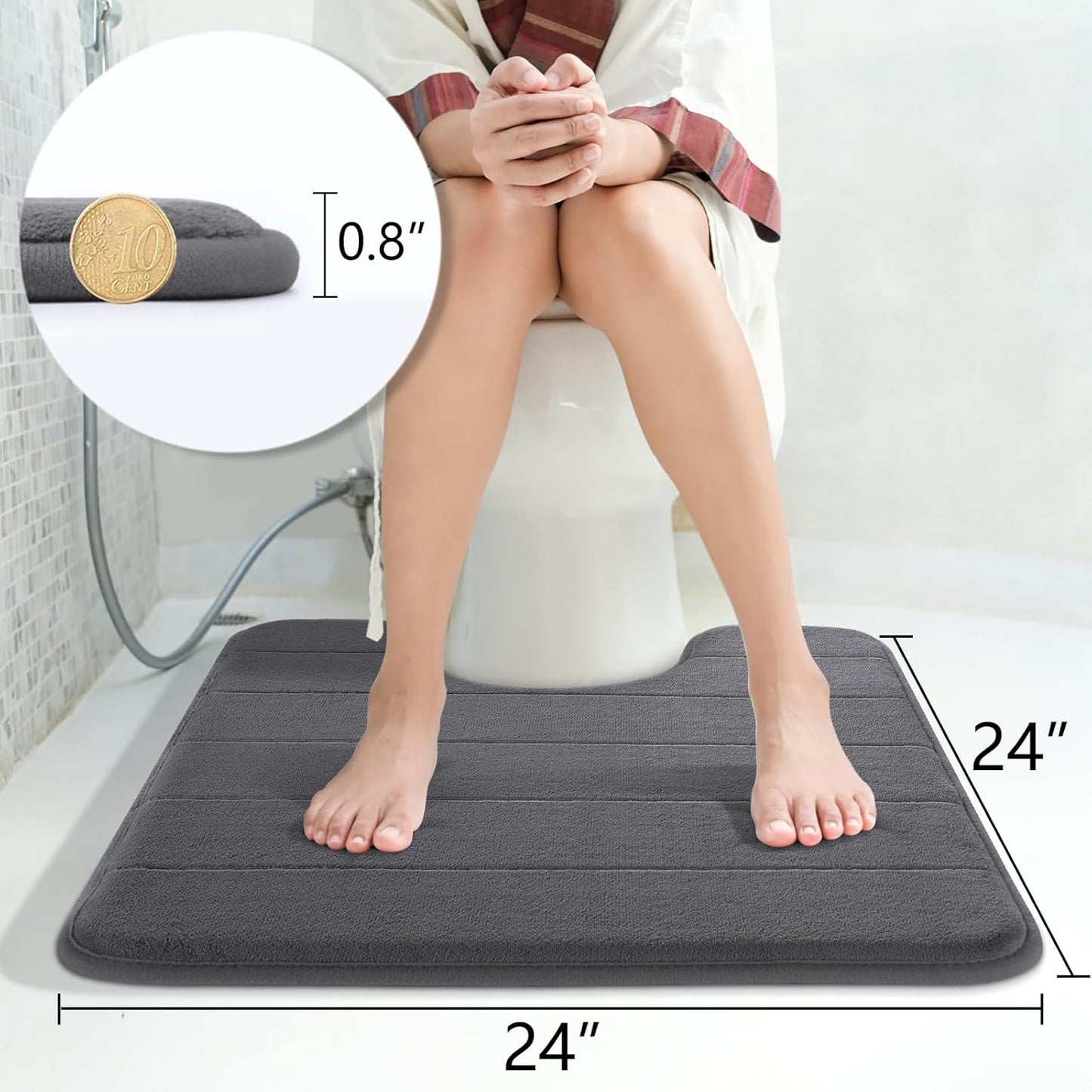 Yimobra Memory Foam Toilet Bath Mat U-Shaped, Soft and Comfortable, Super Water Absorption, Non-Slip, Thick, Machine Wash and Easier to Dry for Bathroom Commode Contour Rug, 24 X 24 Inches, Dark Gray