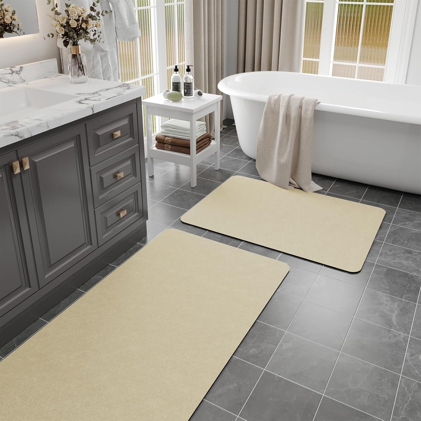 Quick Dry Super Absorbent Bathroom Mat Set 2 Piece - Diatomaceous Earth Bath Rug With Rubber Backing Non-Slip for Shower Floor, 47x17 + 24x17, Beige