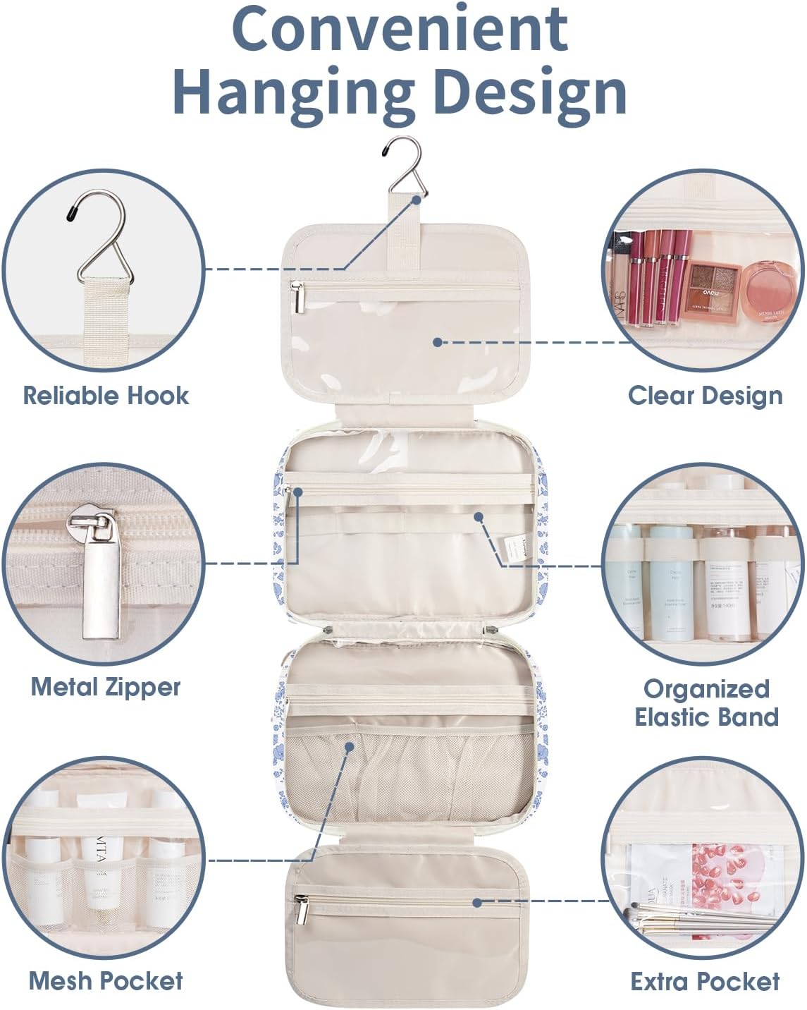 Narwey Hanging Floral Toiletry Bag for Women Travel Makeup Bag Organizer Toiletries Bag for Travel Size Essentials Accessories Cosmetics (Little Blue Flower (Medium))