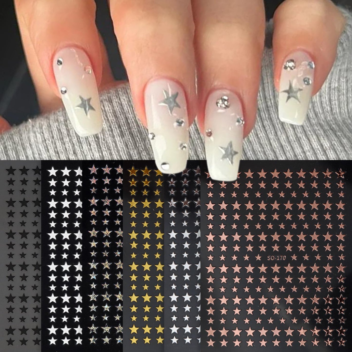 6 Sheets Star Nail Art Stickers Decals Gold Silver Star Nails Stickers for Nail Art Self-Adhesive Black White Laser Nail Decals