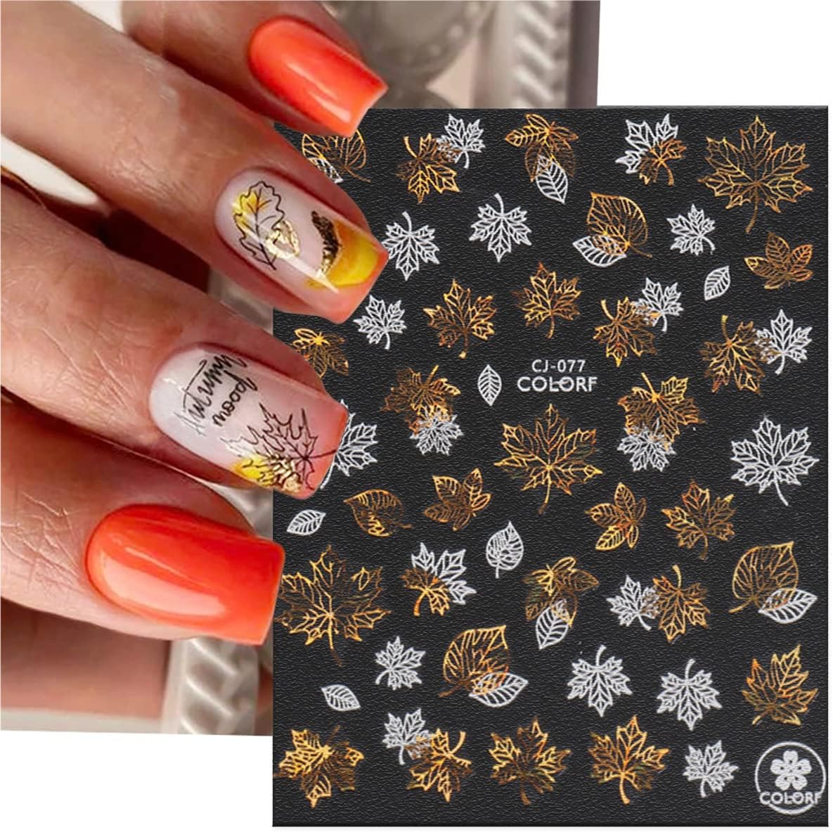 9 Sheets Bronzing Fall Nail Art Stickers 3D Self-Adhesive Metallic Maple Leaf Nail Stickers Thanksgiving Nail Art Supplies Laser White Gold Leaves Flower Nail Designs Autumn Sticker for Acrylic Nails