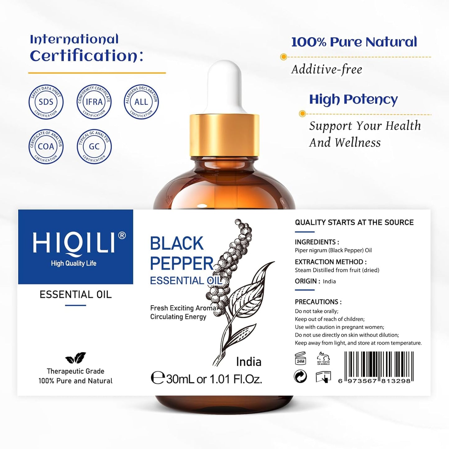 HIQILI 1 Fl Oz Black Pepper Essential Oil, 100% Pure Natural for Aromatherapy, Diffuser - 30 ML