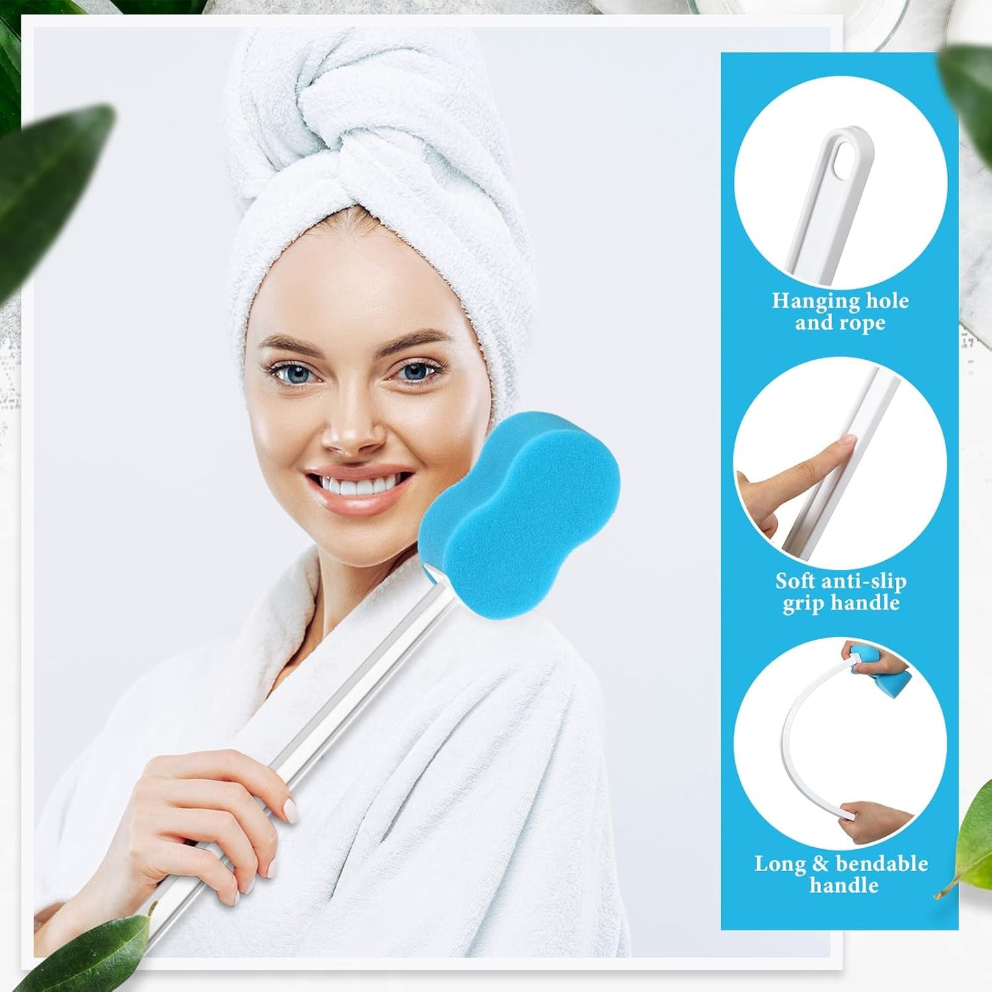 3 Pcs Long Handle Bath Sponge 22.4'' Back Sponge on a Stick Lightweight Back Washer Handled Butt Scrubber Shower Brush for Foot Body Cleaning Bathing Limited Motion (Blue)