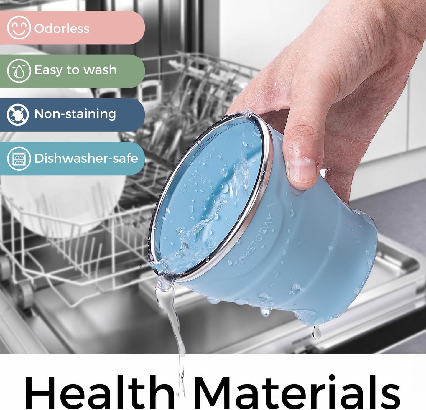 TakeToday Collapsible Travel Cup - Silicone Foldable Water Cup, BPA-Free with Lid & Waterproof Bag - Drinking Cup Set for Office, Camping & International Travel（8 Oz, Blue）