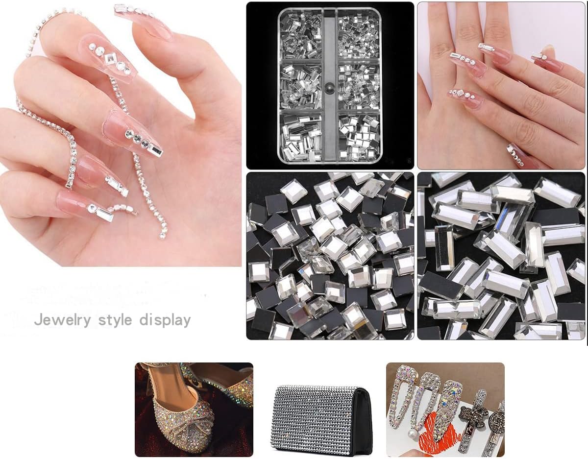 Nail Art Rhinestones K9 Glass Crystal Iridescent AB Clear Flatback Diamonds for Round &Square Gems Stones Constitute in 6 Mixed Sizes Jewels Set for Nail Design DIY Multiple 2920PCS + Pen Tweezers