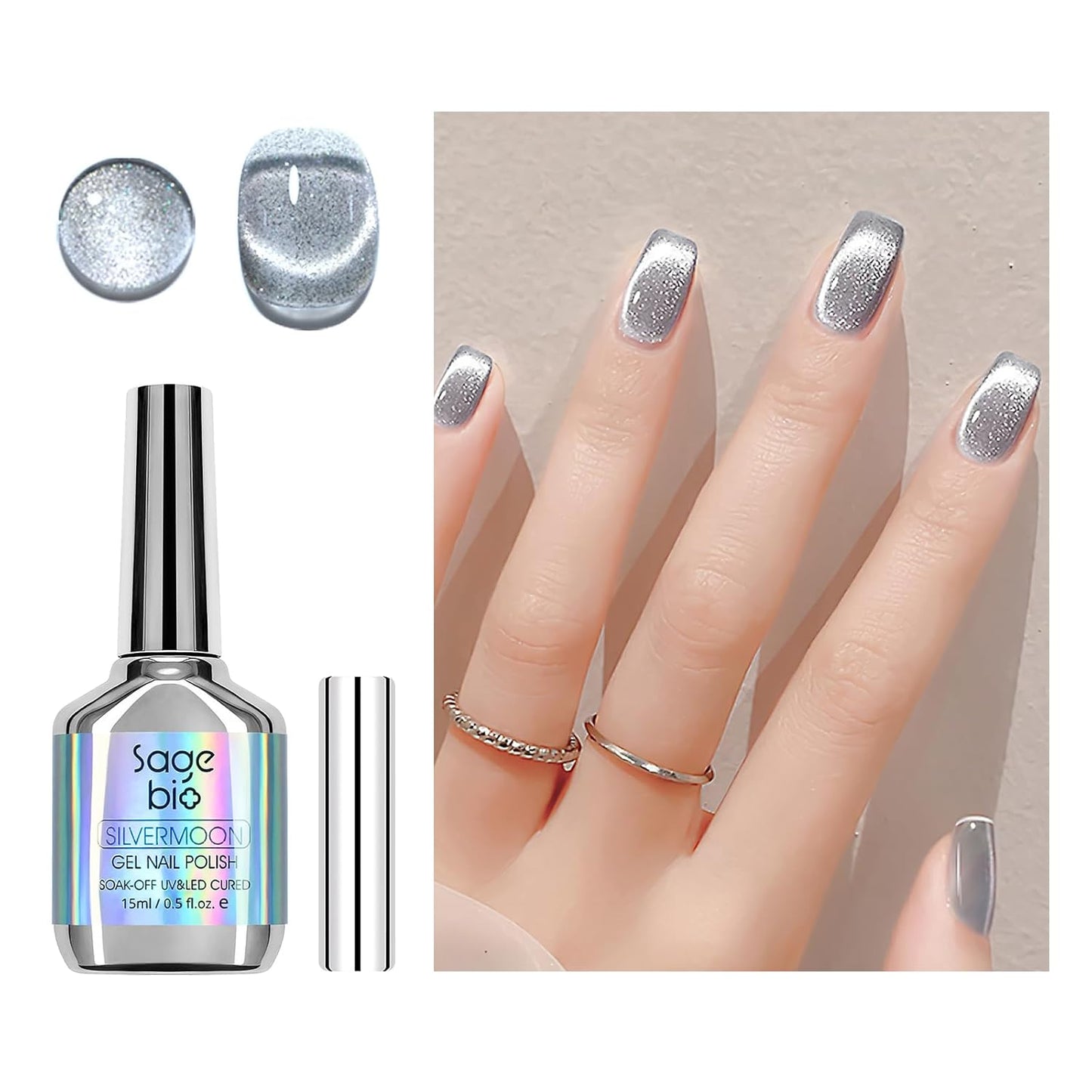 Cat Eye Gel Nail Polish with Magnet Stick, 15ml Glitter Holographic Nail Polish, Magnetic Effect Gel for Home DIY Manicure Gift, Silver Dust
