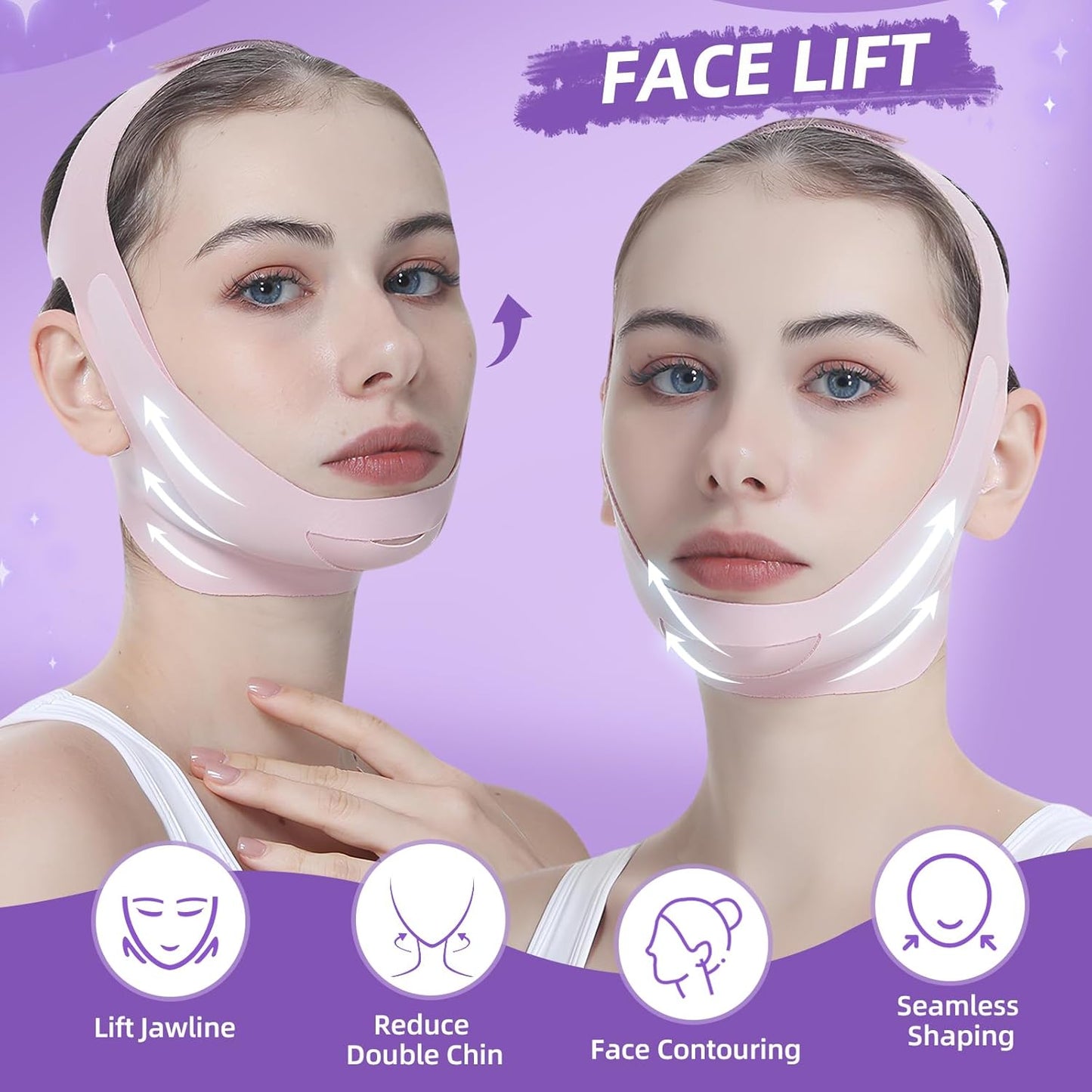 Facial Lifting Belt - V Line Lifting Mask Chin Strap,Face Lift Tape with Adjustable Straps, V-Shaped Double Chin Reducer, 3D Contoured Design for Facial Shaping,Jawline Shaper and Sleeping