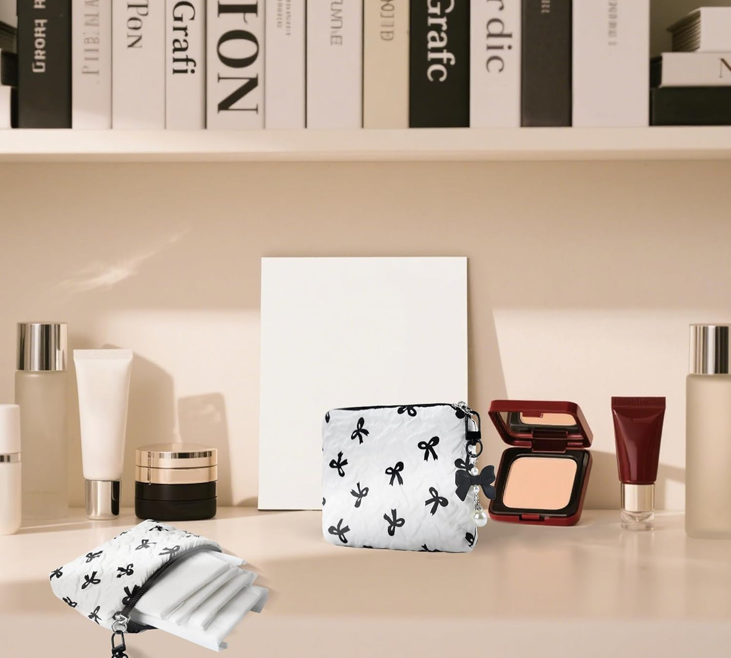 Period Bag for Women,Cute Corduroy Sanitary Napkin Storage Small Pouch with Bow Design,Sanitary Napkin Storage Bag,White