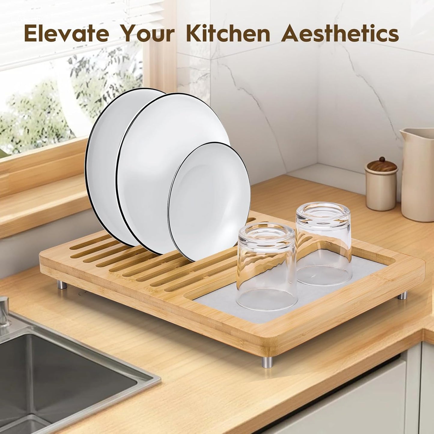 Stone Dish Drying Mats for Kitchen Counter,Dirt-Resistant Quick Dry Absorbent Diatomaceous Earth Dish Drying Mat with Bamboo Rack,Non-Slip Pads & Anti-Moisture Design