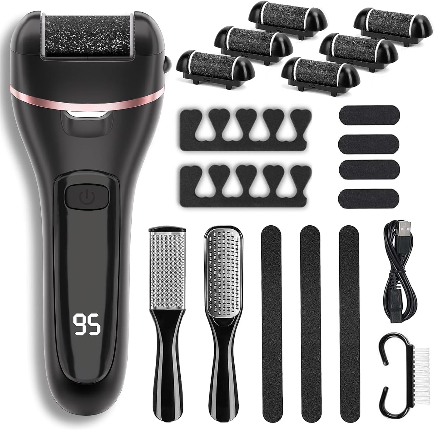 Rechargeable Electric Callus Remover for Feet with 6 Roller Heads, Dual-Speed Foot File, Waterproof Pedicure Kit 20 in 1 for Smooth Skin and Foot Spa