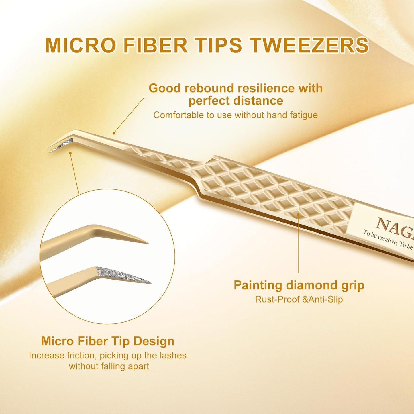 NAGARAKU Precision Fiber Tip Tweezer for Eyelash Extensions Diamond Grip Anti-Static Anti-Slip Premium Gold Stainless Steel Curved Volume Eyelashes Tweezers Supplies with Box(45 Degree Tweezer AG-07)
