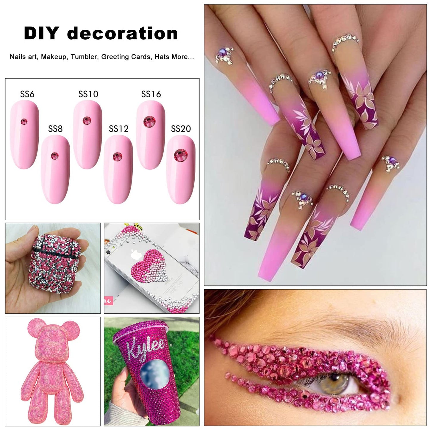 4240Pcs Flatback Rose Rhinestones Glass Crystal Diamonds for Nail Art Face Jewels Sparkly Round with Tweezers and Picking Pen (SS6~SS20 Set)