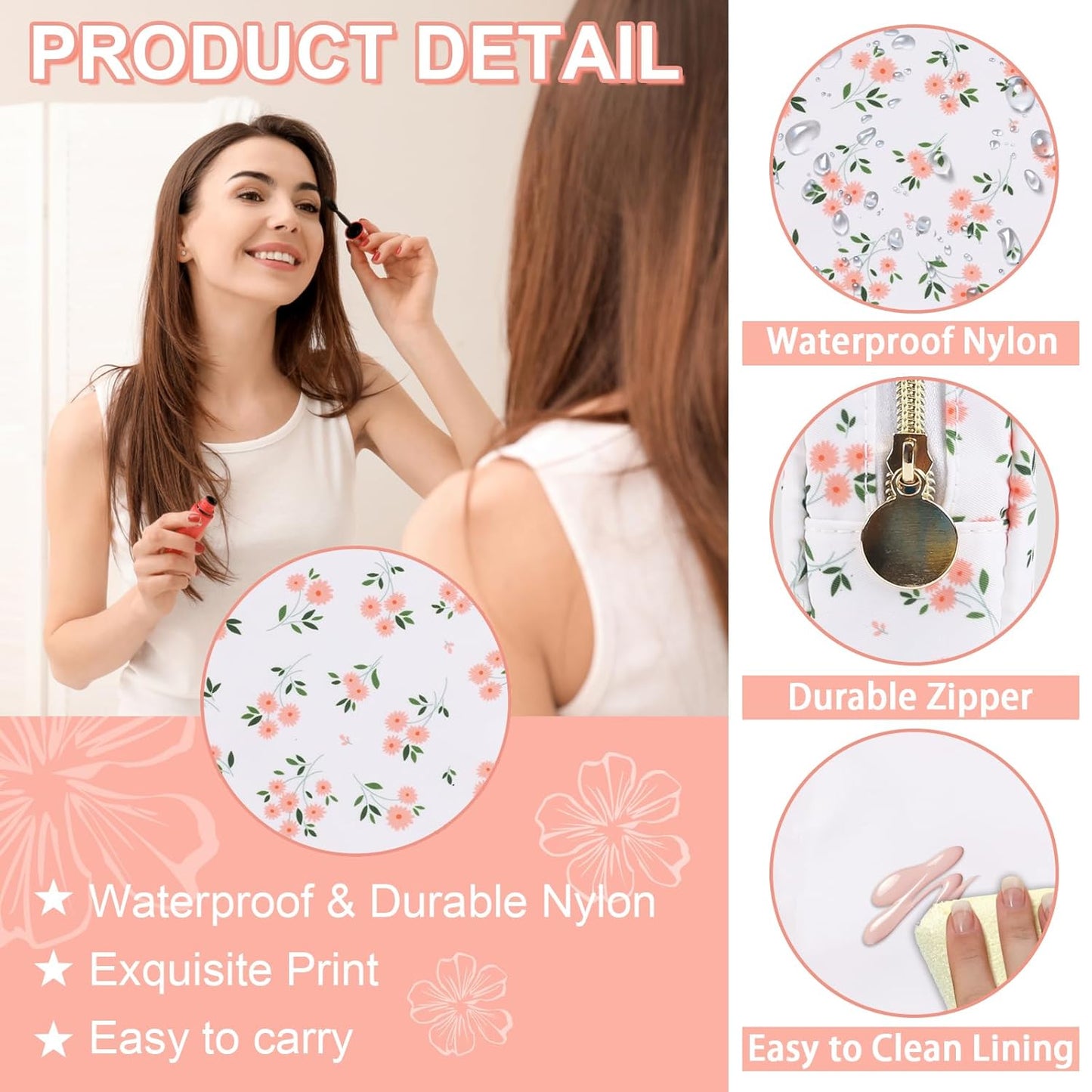 Waterproof Mini Floral Makeup Bag Pouch for Purse,Nylon Flower Cosmetic Travel Bag Small Preppy Toiletry Organizers Bag for Women Girl,Cute Zipper Pouch Coin Purse for Work(Mini White-Flowers)