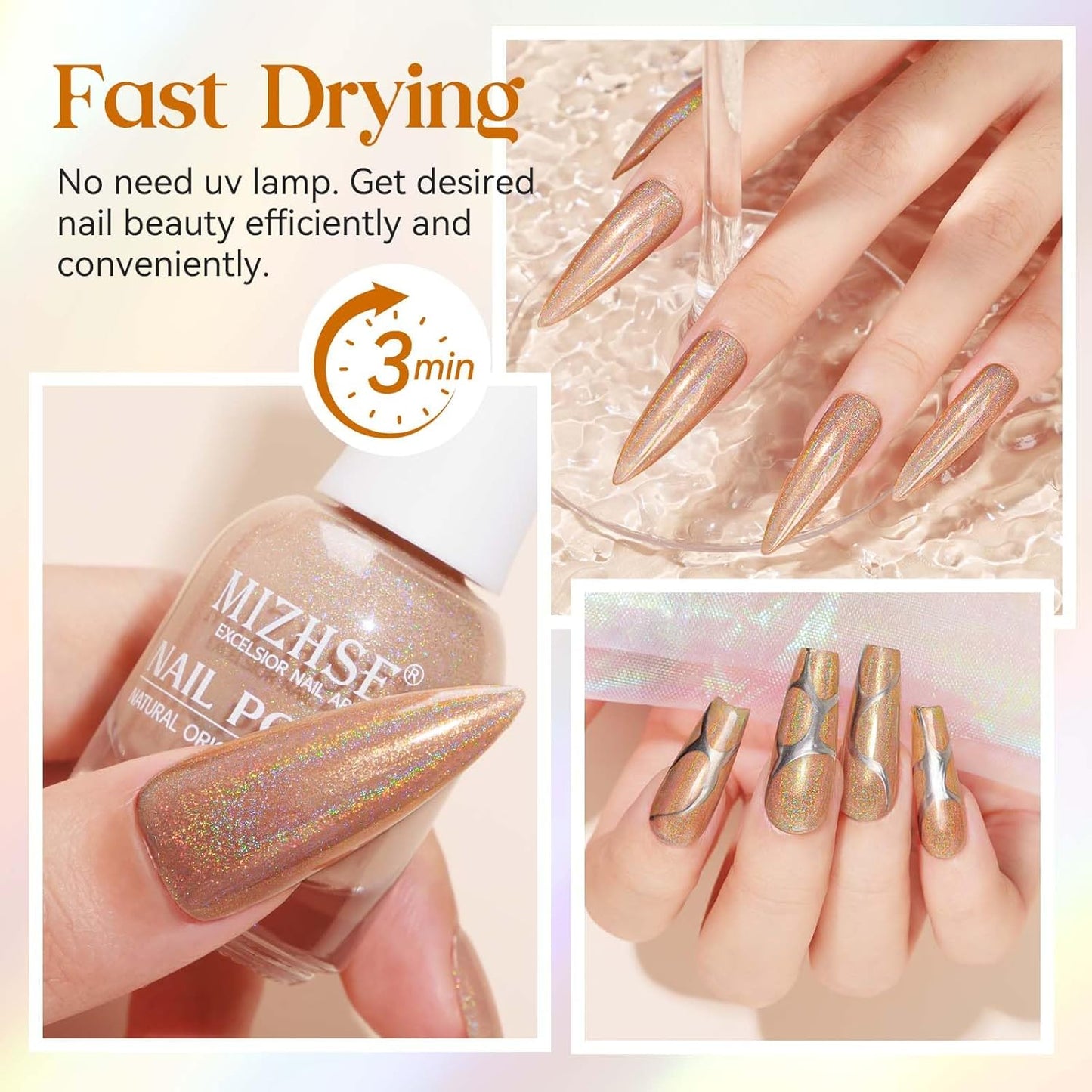 MIZHSE Holographic Nail Polish, Light Brown Shimmery Nail Polish Non Gel, Air Dry Fast Glossy Shiny Nail Pigment Oil-based Laser Iridescent Chrome Nail Art Salon Manicure Home