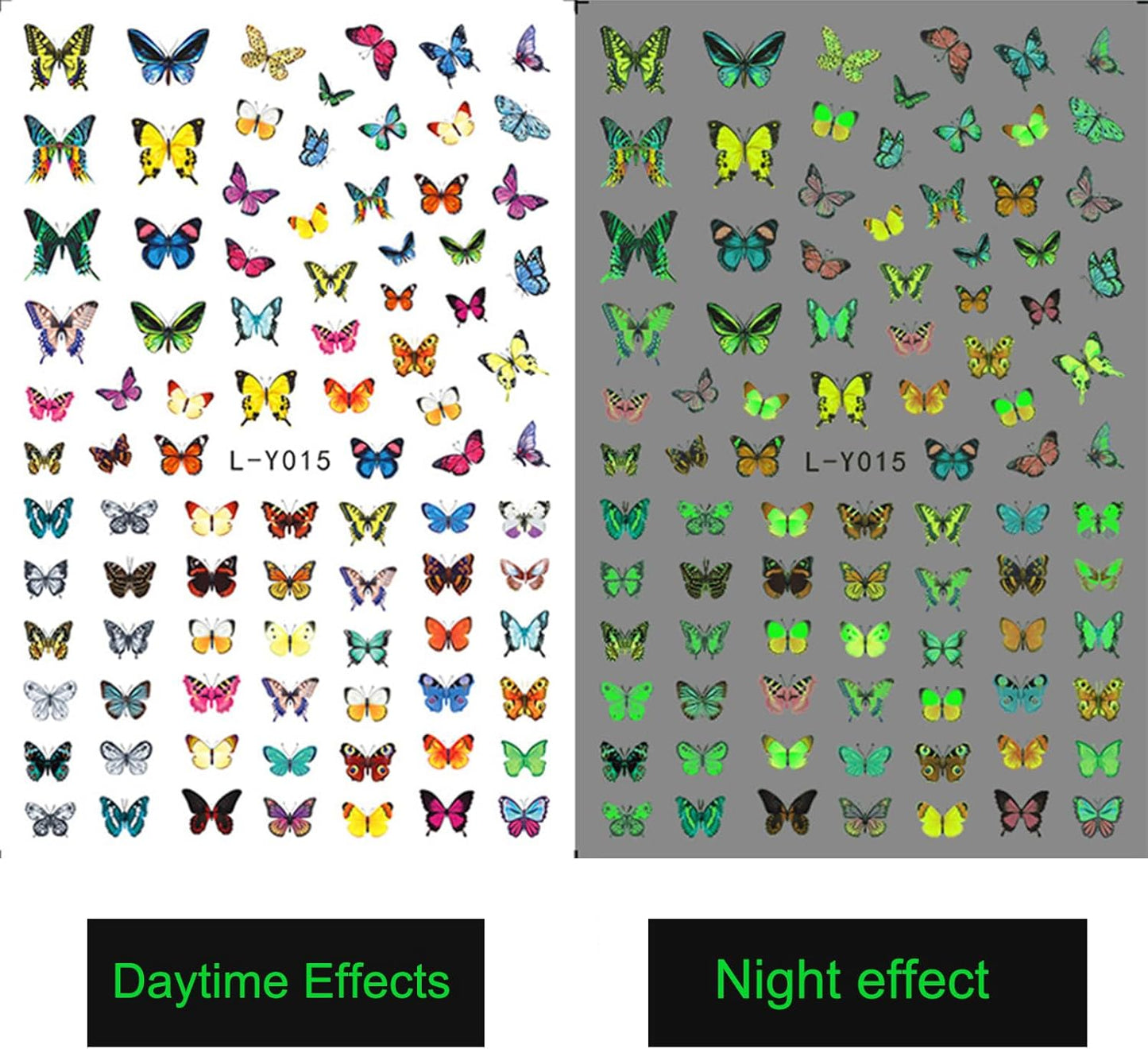 6 Sheets Luminous Butterfly Nail Art Stickers 3D Self-Adhesive Butterfly Nail Decals Holographic Butterflies Nail Art Supplies for Women Manicure Glow in The Dark Decoration Fluorescent Nail Decal