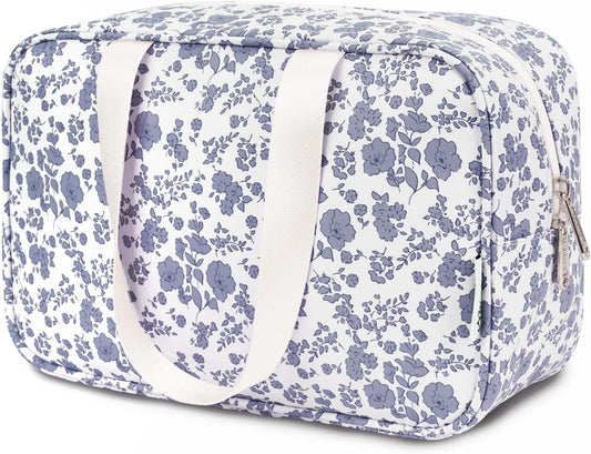 Narwey Full Size Toiletry Bag Women Large Cosmetic Bag Travel Makeup Bag Organizer Medicine Bag for Toiletries Essentials Accessories (Little Grayish Blue Flower, Large)
