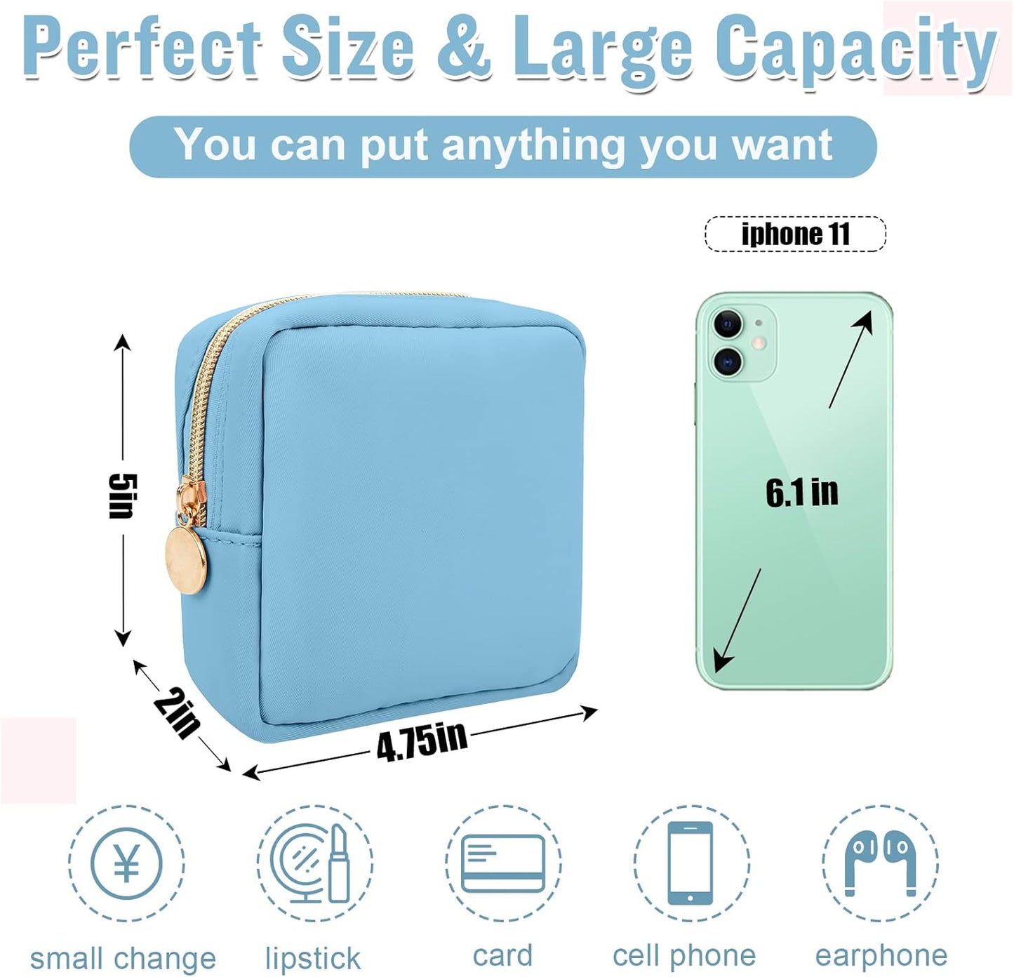 Nylon Mini Makeup Bag for Purse, Preppy Small Cute Makeup Bag Cosmetic Zipper Pouch Purse, Waterproof Travel Coin Pouch Sanitary Napkin Storage Bag Clutch Make Up Organizer Bag for Women Girls(Blue)