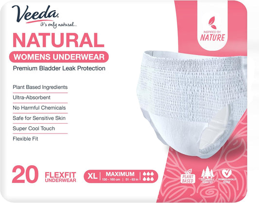 Veeda Natural Adult Incontinence Underwear for Women - Postpartum Underwear for Bladder Leakage Protection - Disposable Underwear with Maximum Absorbency - X-Large Size - 20 Count