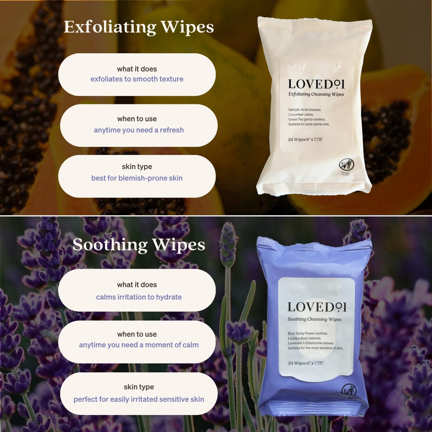 Soothing Cleansing Wipes, Cleansing Makeup Remover Wipes for Sensitive Skin with Serum-Like Finish, Lavender Scent, 24 Wipes