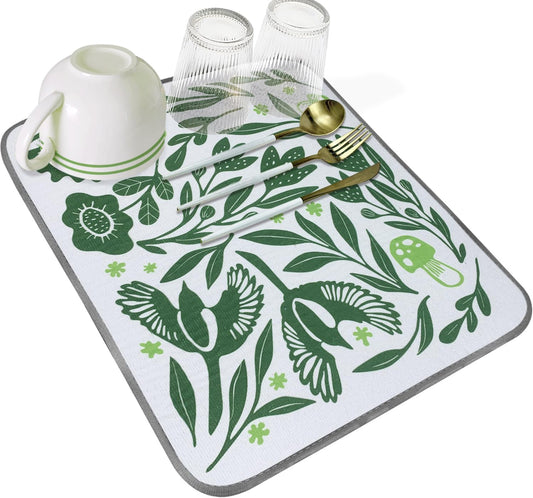SHIYUE Dish Drying Mat for Kitchen Counter Super Absorbent Spring Kitchen Decor Microfiber Drying Matainers Rack Fast Pad Dish Drainer Mats(Green Flower Bird,16''x18'')