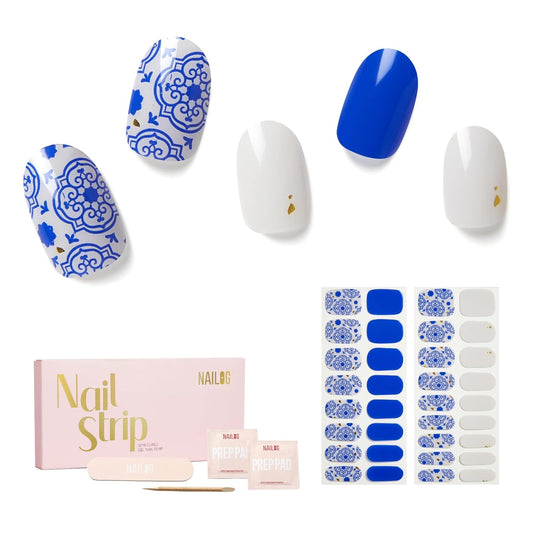 NAILOG Semi Cured Gel Strips - 34 Pcs Nail Stickers Buy 2 Get 1 UV Light | Long Lasting Wraps With Glossy Gel Finish Blue, Cerulean Porcelain