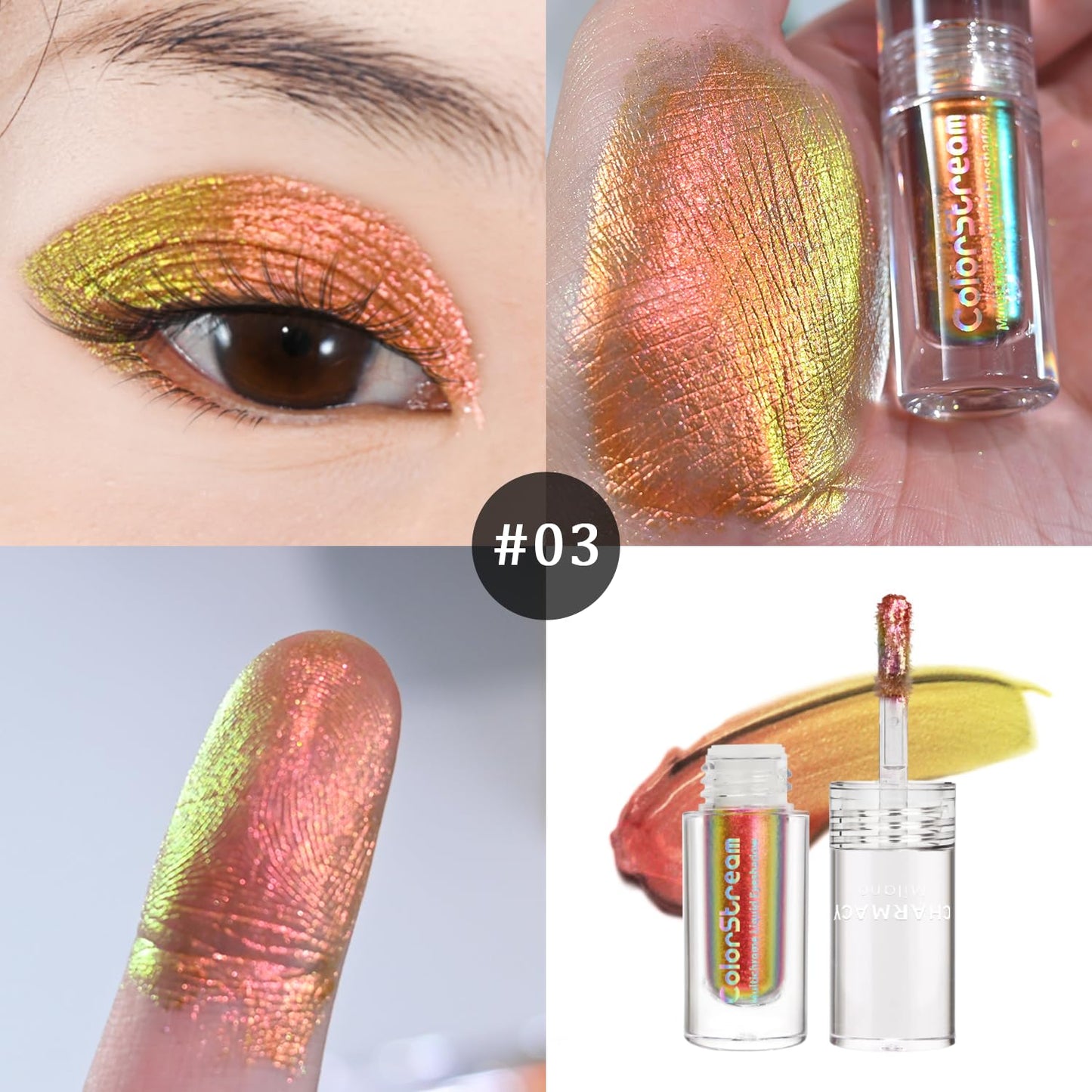 CHARMACY Multichrome Liquid Metallic Eyeshadow, Chameleon Shifting Color, Holographic Glitter Eyeshadow, Long Lasting Wear, Vegan Eye Topper for Party, Daily Makeup #03