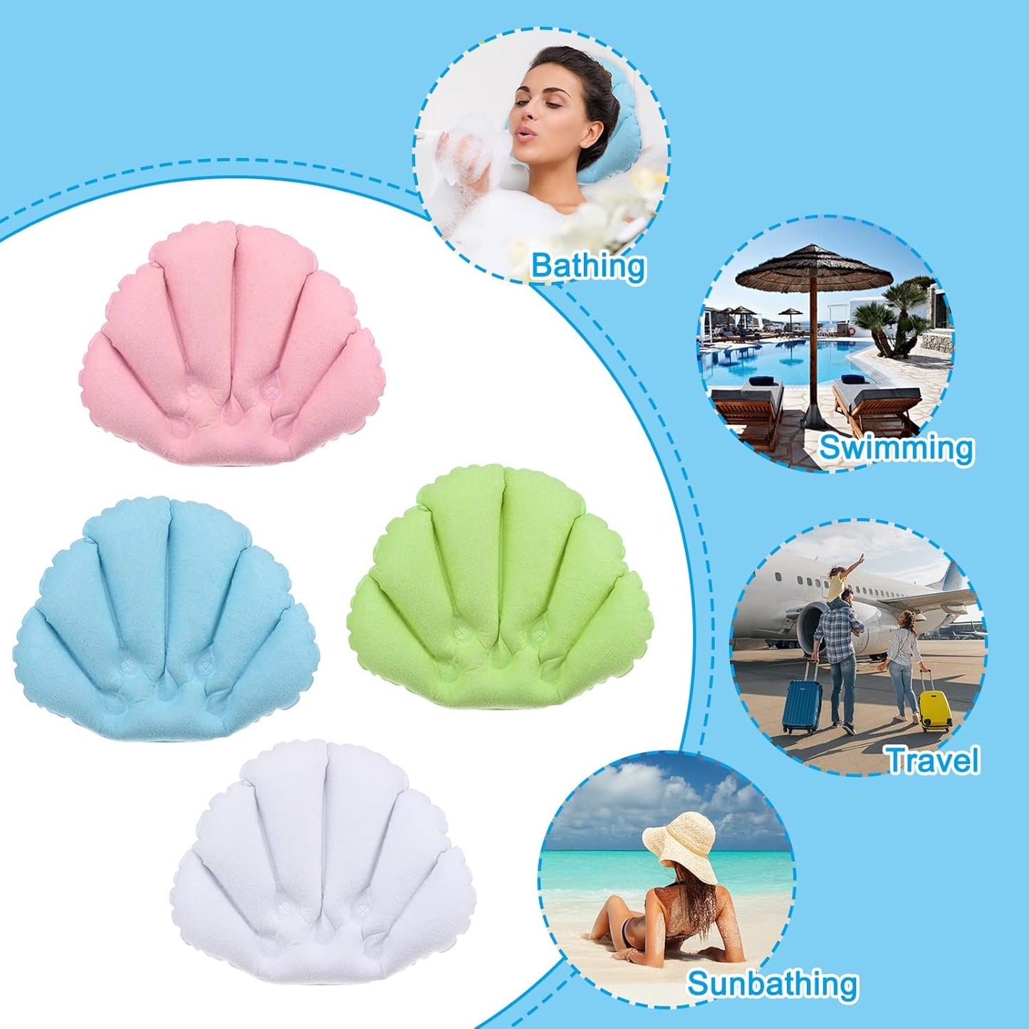 PATIKIL Inflatable Bath Pillow with Suction Cups, 2 Pack Terry Cloth Covered Shell Shape Soft Bath Spa Cushion Neck Support for Bathtub Hot Tub (Pink, White)