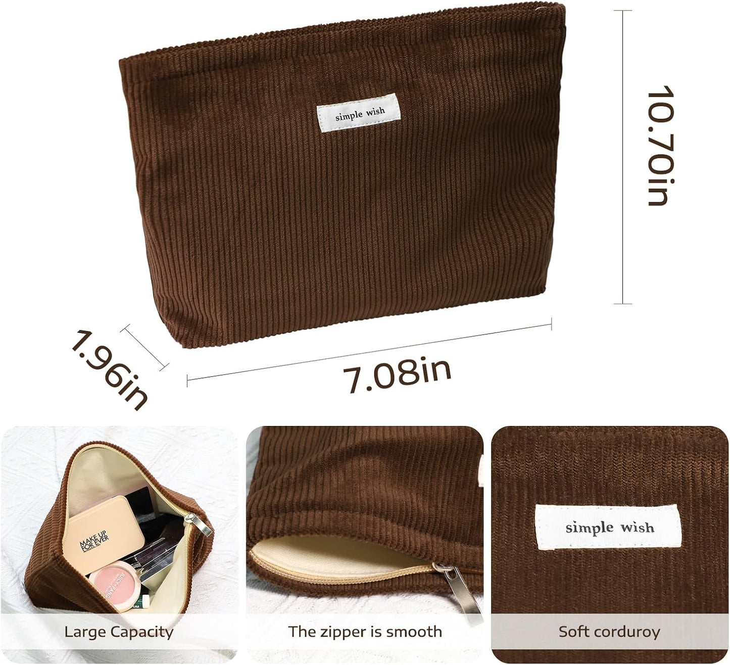 Wudygirl Makeup Bag Cosmetic Bags for Women Large Capacity Travel Toiletry Bag Corduroy Makeup Bag Organizer Zipper Pouch (Coffee)