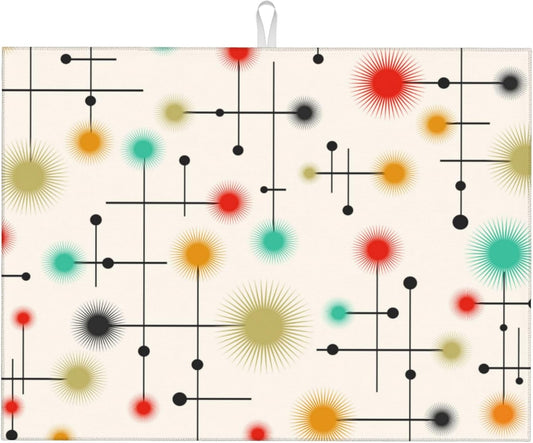 Mid Century Modern Dish Drying Mat for Kitchen Counter Abstract Modern Absorbent Reversible Atomic Retro Drying Pad Yellow Decor Dish Drainer Rack Mats 18"x24"