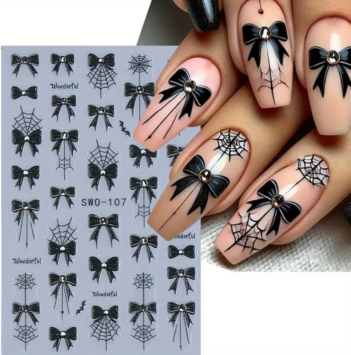 2Pcs Halloween Nail Art Stickers Decals 5D Embossed Halloween Spider Web Nail Decals Black Spider Web Bow Pattern Nail Designs Y2K Style Nail Supplies for Women Manicure Tip Decorations Accessories