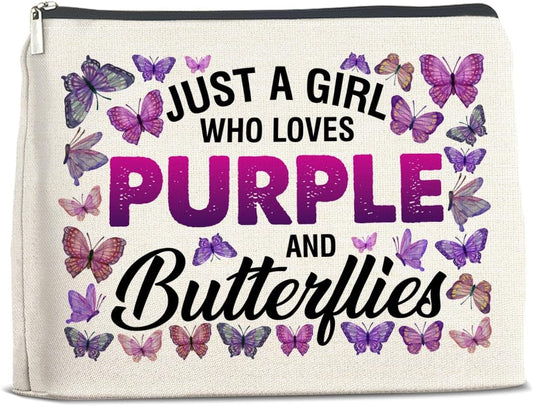 Just a Girl Who Loves Purple and Butterflies Makeup Bag Gifts for Women Purple Butterfly Cosmetic Bag Zipper Pouch Travel