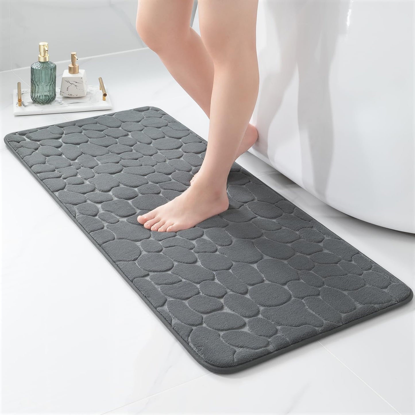 YIHOUSE Memory Foam Runner Rug, Cobblestone Bathroom Runner Rugs Super Water Absorbent Bath Mats for Bathroom Machine Washable Bath Rugs Runner for Hallway Bedroom Laundry Room(20 x 47,Dark Gray)