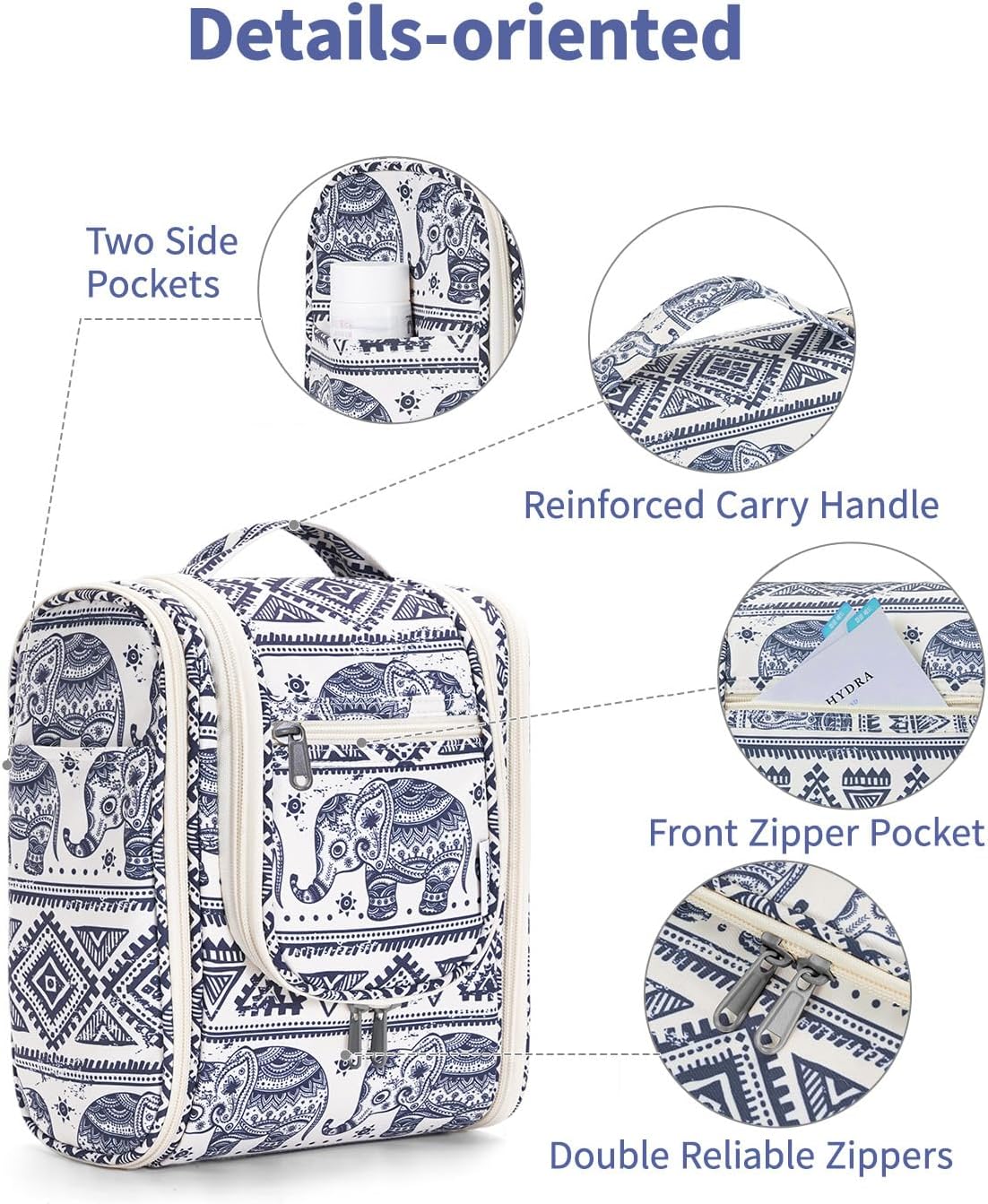 Narwey Small Hanging Toiletry Bag Women Travel Makeup Bag Organizer Toiletries Bag for Travel Size Essentials Accessories Cosmetics (Medium, Elephant)