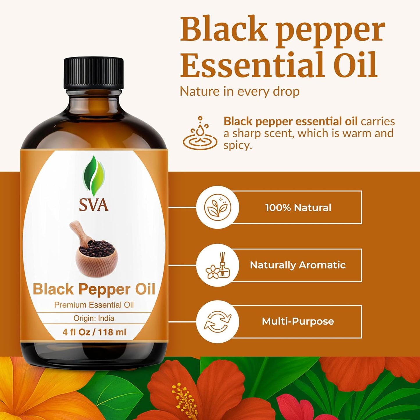 SVA Black Pepper Essential Oil – 4 Fl Oz – 100% Natural Black Pepper Oil - for Diffuser, Hair Care, Face, Skin Care, Aromatherapy, Scalp and Body Massage, Soap and Candle Making – with Dropper