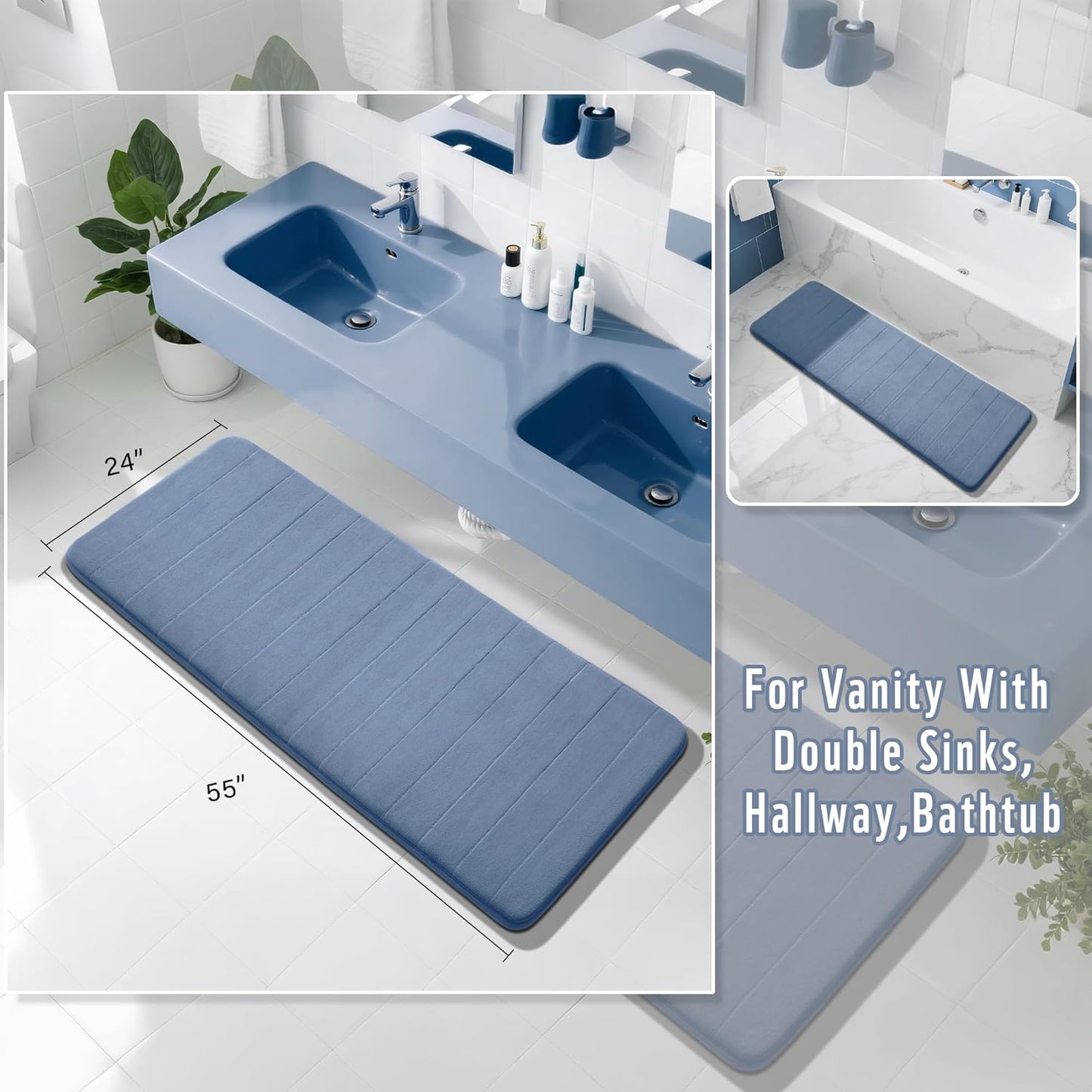 Yimobra Bathroom Runner 55"x24", Non Slip Memory Foam Bath Mat, Super Soft Water Absorbent Hallway Carpet, Machine Washable Rug for Vanity Tub Shower, Denim Blue