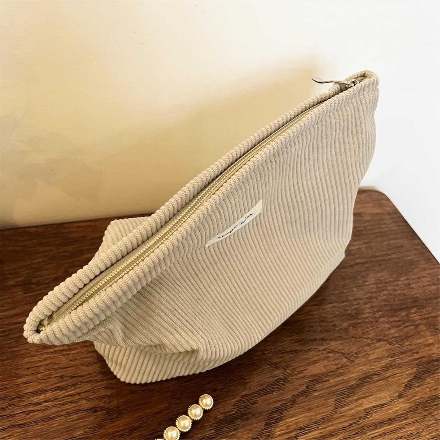 Wudygirl Makeup Bag Corduroy Cosmetic Bag for Women Large Capacity Makeup Pouch Travel Toiletry Bag Portable Make-up Organizer Zipper Handbag Pouch (Khaki)