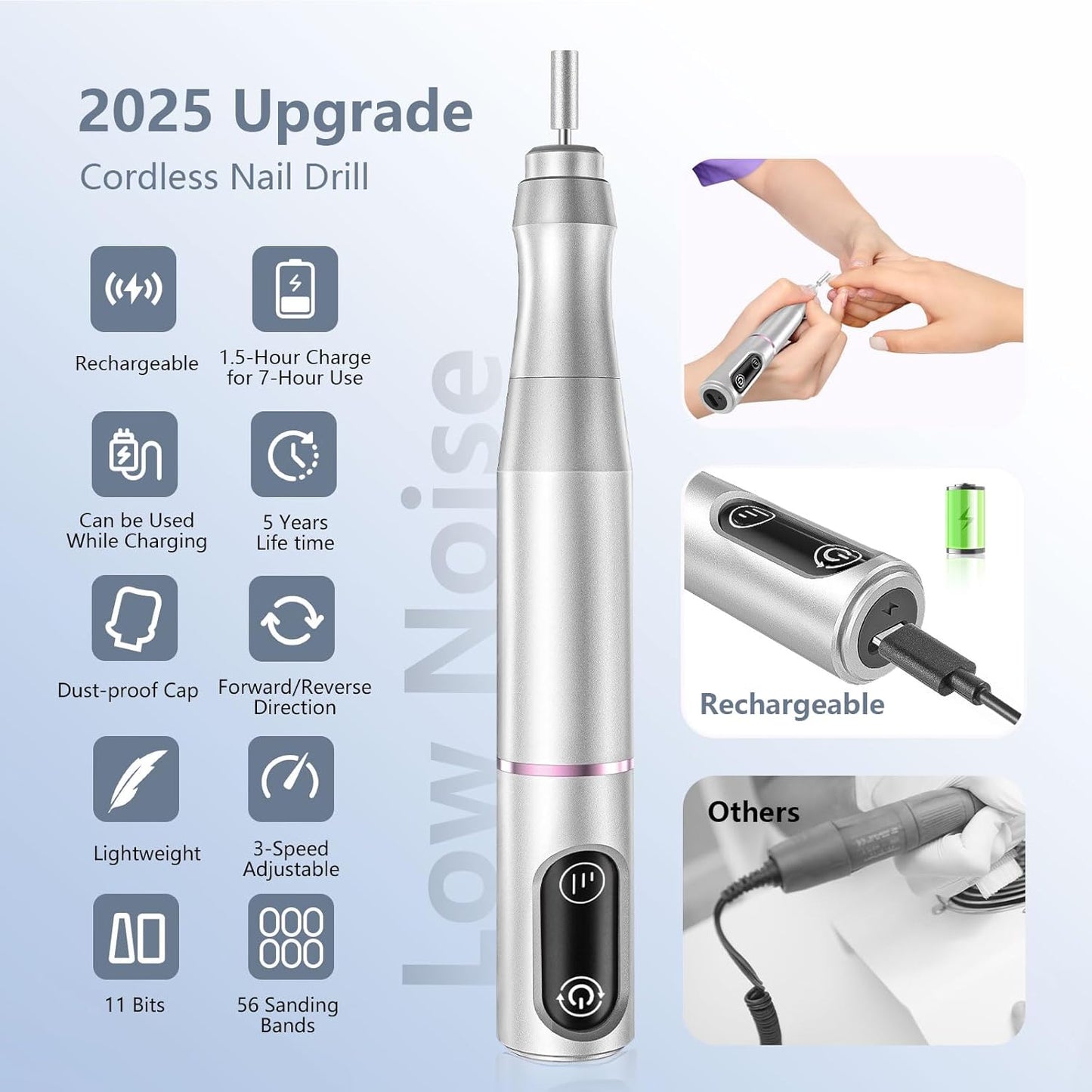 Cordless Nail Drill Electric Rechargeable File Kit, Professional Efile Acrylic Gel Nail Polish Remover Pedicure Manicure Machine Portable Set with 11 Bits 56 Sanding Bands for Salon (Silver)