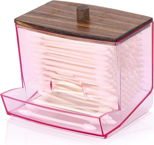 Tbestmax 10oz Qtip Dispenser, Big Cotton Swab Holder Pink Bathroom Accessories Organizer for Storage - Qtips Cotton Ball, Floss Container (Wood Lid)