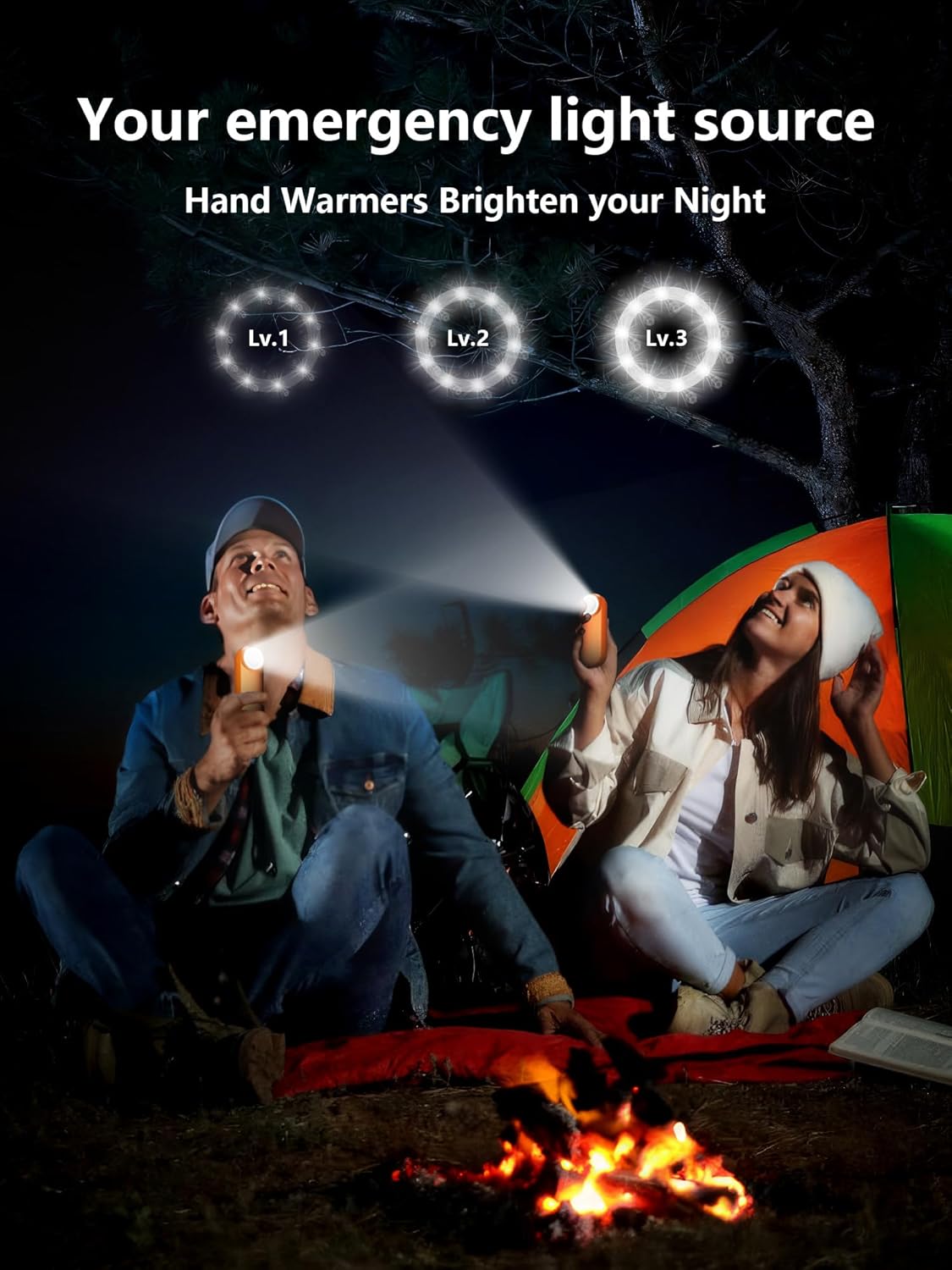 Hand Warmers Rechargeable,12000mAh Electric Hand Warmers with Light, 2 Pack Pocket Hot Hands Reusable Up to 20 Hours, Double Sided Heat Portable Heater for Hunting, Camping Gear, Stocking Stuffers