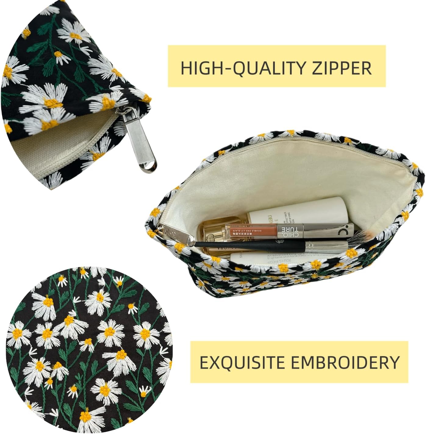 2 Pcs Makeup Bags, Large Cosmetic Bag Travel Toiletry Bag Organizer for Women, Embroidery Craft, Floral Makeup Bag Small Cosmetic Pouch Purse with Zipper Gifts for Girls Teen