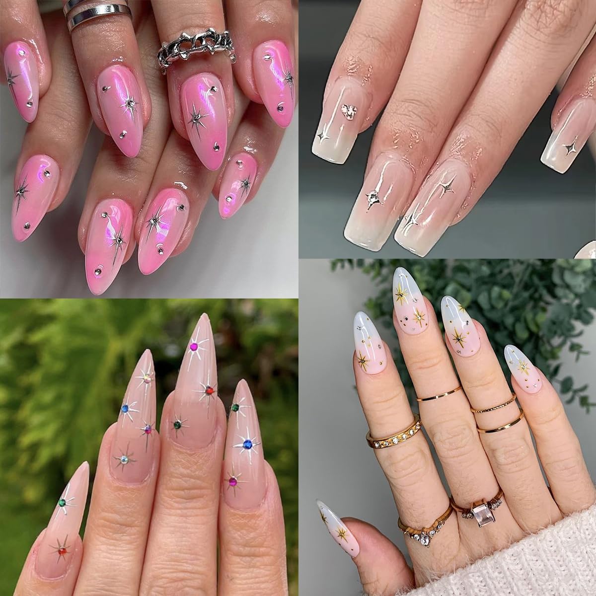 Shiny Star Nail Stickers for Nail Art,Glitter Star Nail Rhinestones Design Nail Decals Holographic Gold Silvery Stars Nail Supplies 3D Self-Adhesive Star Sticker Charms for Nail Decoration