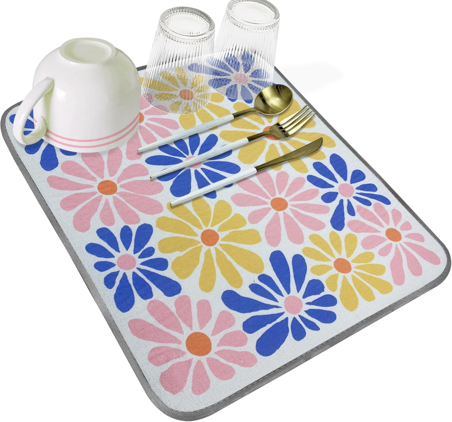 SHIYUE Dish Drying Mat for Kitchen Counter Super Absorbent Spring Kitchen Decor Microfiber Drying Matainers Rack Fast Pad Dish Drainer Mats(Color Flower,16''x18'')