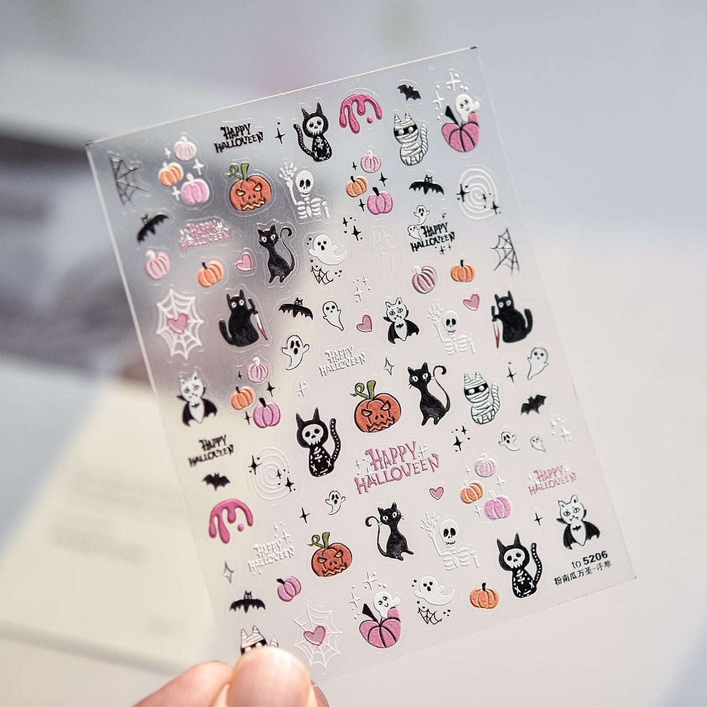 Halloween Nail Stickers for Nail Art Pink Black Cute Cat Skeletone Pumpkin Nail Art Stickers 5D Embossed Nail Decals 3D Self-Adhesive Nails Supply Manicure Sliders for Nails Decoration