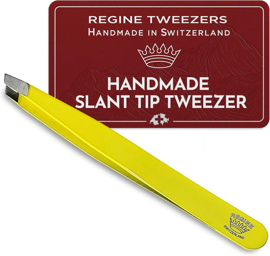 Slant Tweezer - Handmade in Switzerland - Professional Eyebrow & Facial Hair Remover - Etched Interior Grabs Hair from The Root - Perfectly Aligned Tips - Stainless Steel, Yellow