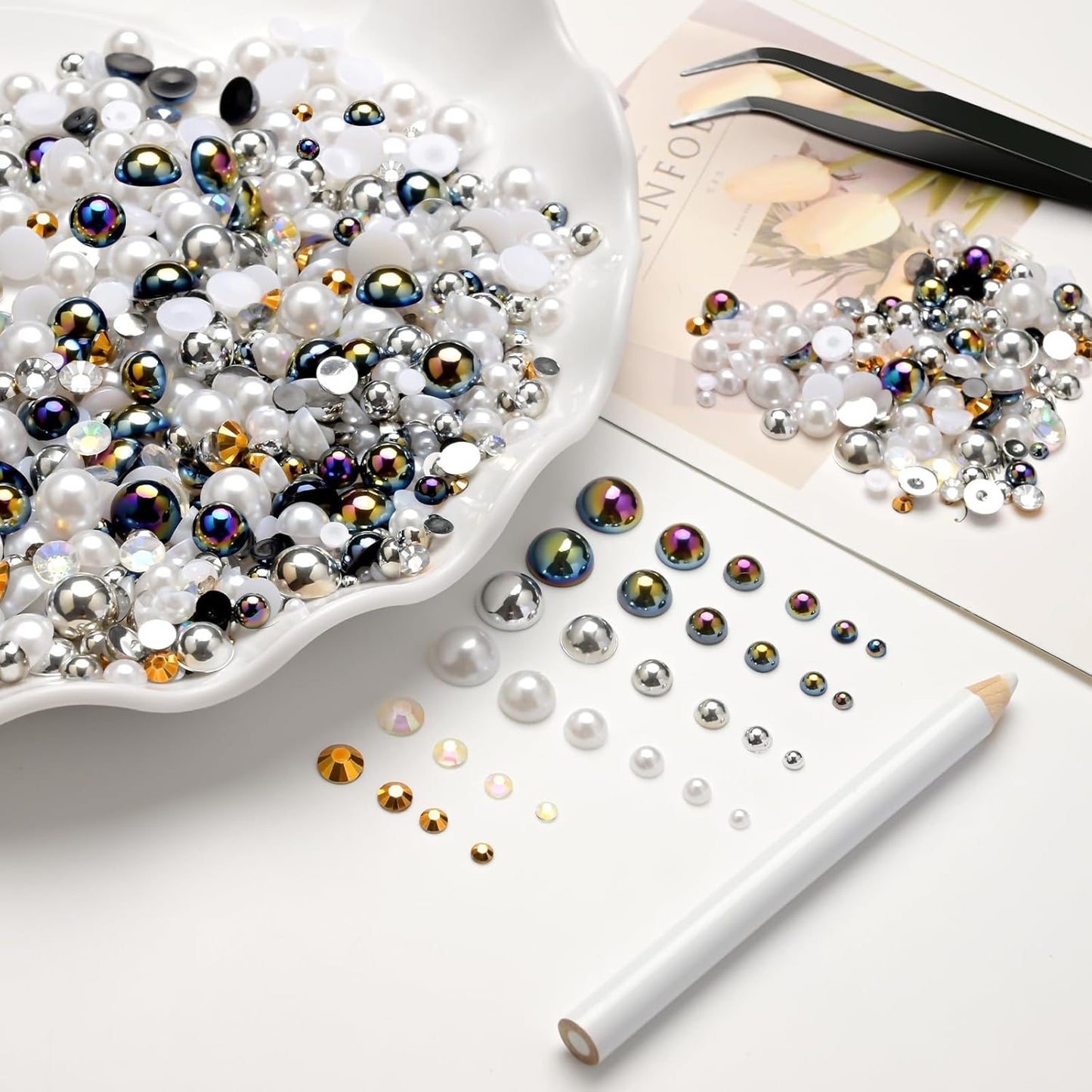 80g Mix Flatback Pearls and Rhinestones for Crafts Black White Mixed Size 2mm-10mm Half Round Pearls Rhinestones for Nail Art Tumblers Shoes DIY Bedazzling with Tweezers Wax Pen