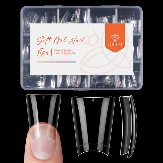 modelones Duck Nail Tips, Short Flare Pre-Shape Half Cover Soft Gel Tips Wide Style Acrylic Fake Nails False Clear Press on Extension Gel Kit Manicure DIY at Home 216PCS 12Sizes