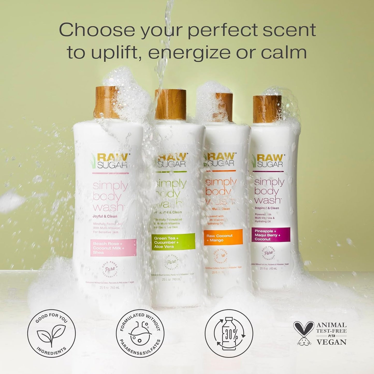 RAW SUGAR Simply Body Wash, (25 Fl Oz, Pack of 1) Bath Soap, Formulated without Sulfates & Parabens (Watermelon + Fresh Mint)