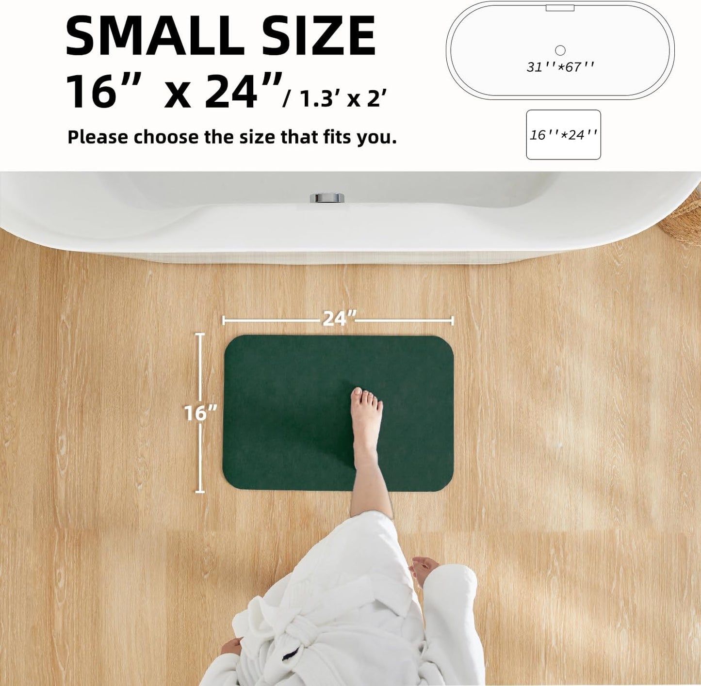 Bathroom Mat Quick Dry, Bathroom Rugs Non Slip Washable Thin Absorbent Bath Mat Fits Under Door Bathroom Floor Mat Perfect for Bath, Shower, or Sink 16"x24" Dark Green