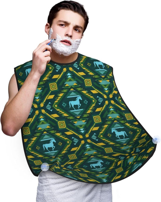 Beard Shaving Cape with Suction Cups, Teal Green Native American Tribal Ethnic Western Horse Shave Bib, Non-Stick Waterproof Hair Catcher, Grooming Bib for Men Husband