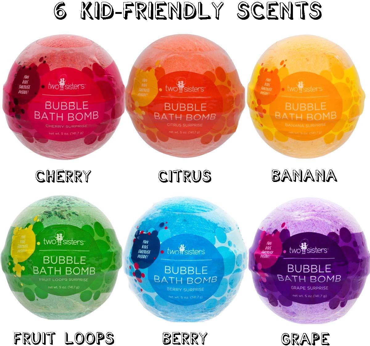 Kids Bath Bombs with Surprise Toys Inside (6 Pack) - Releases Color & Bubbles, Won’t Stain Tub, Moisturizing, Large Bubble Bomb, USA Made - Ideal Gift for Girls & Boys by Two Sisters
